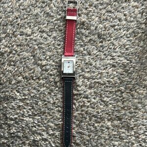 Stylish Two-Tone Watch with Red and Black Strap